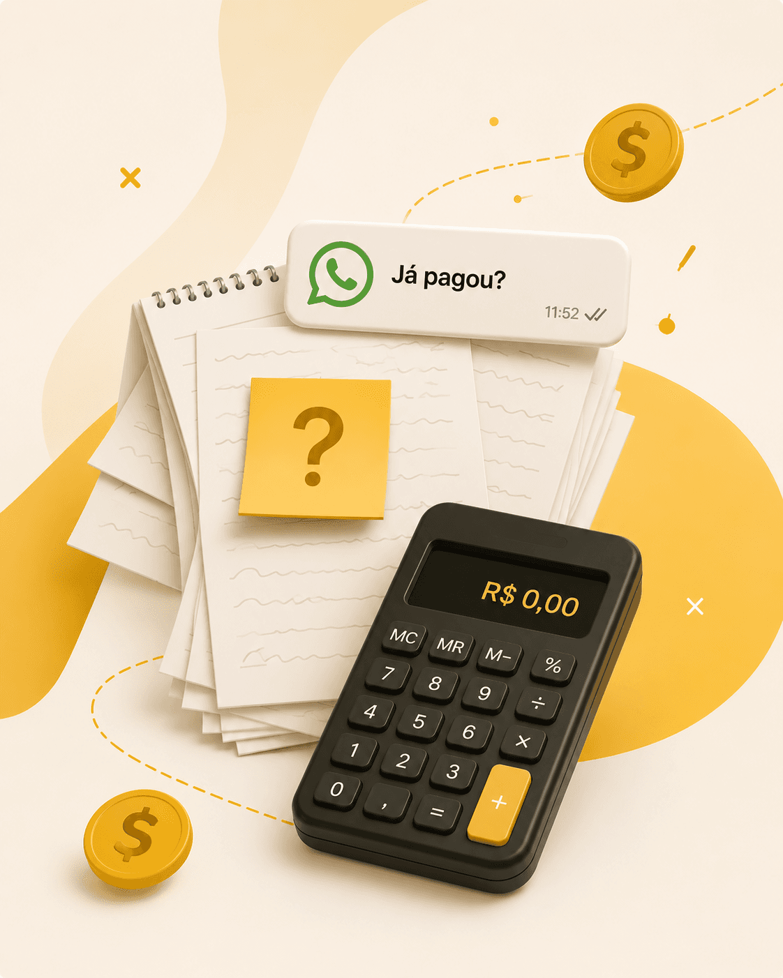 Calculadora zerada, papéis bagunçados e mensagem de WhatsApp perguntando se já pagou